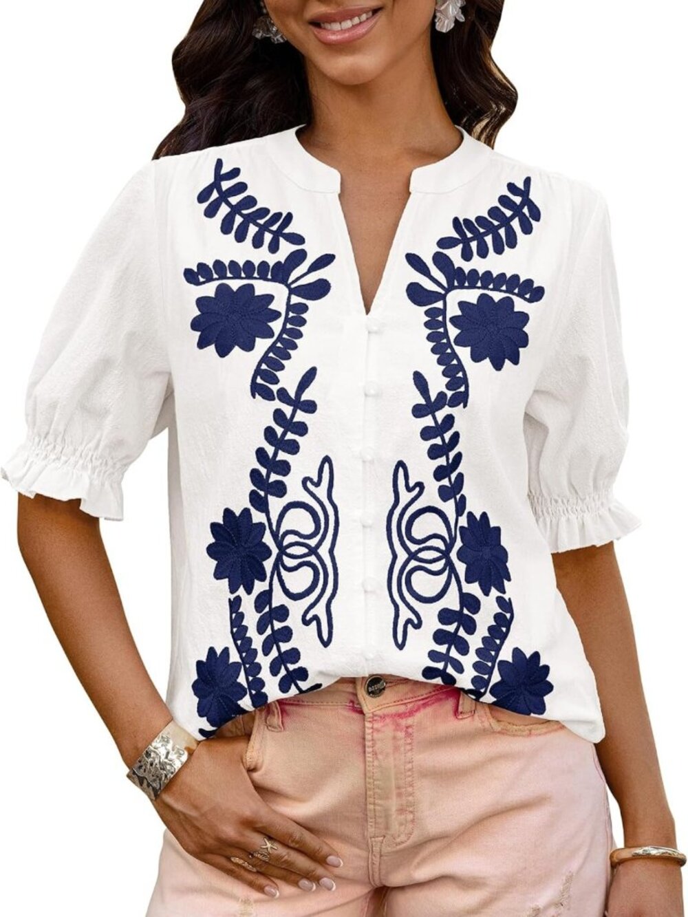 Floral Boho Embroidered Blouse - Women's Summer Casual Top, Dressy Style